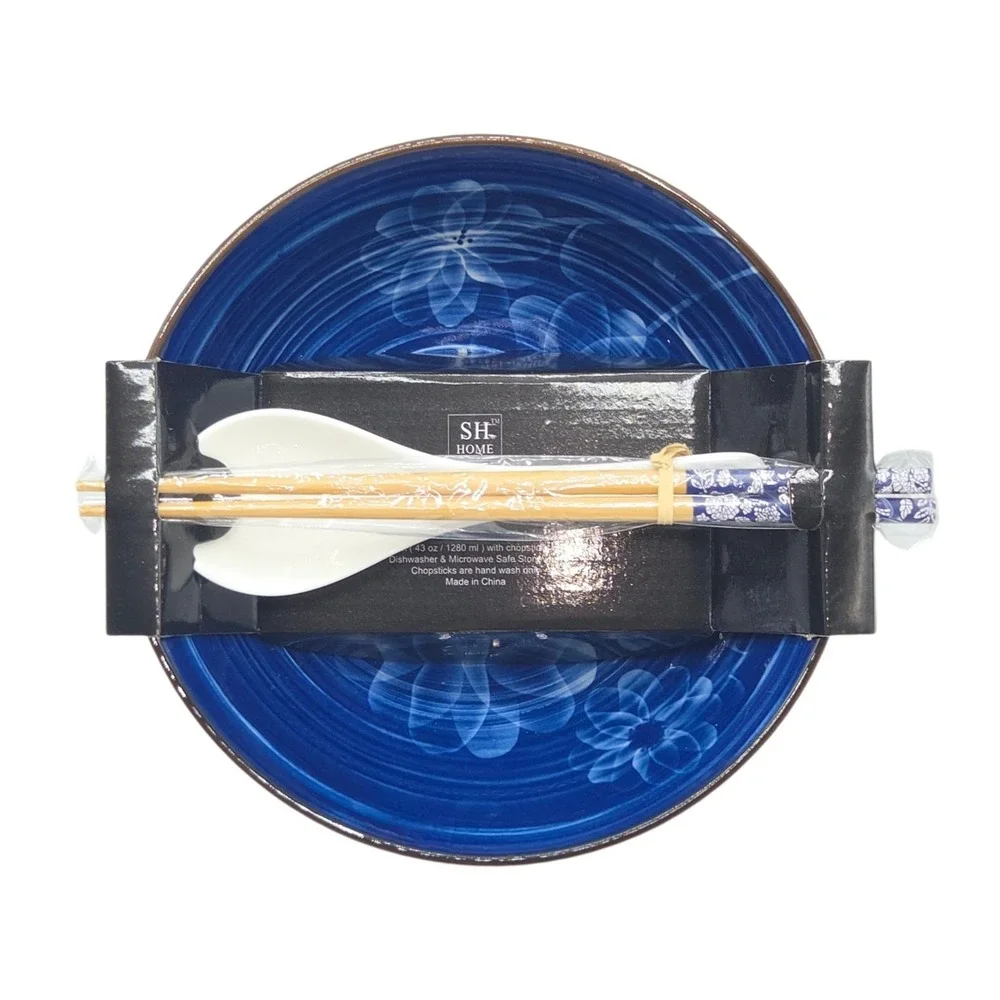 SH Home Asian Blue Floral‎ Ceramic Ramen Noodle Bowl With Chopsticks And Spoon
